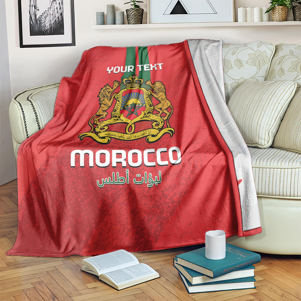 Red Morocco football blanket with “YOUR TEXT” and gold lion crest, Moroccan tricolor stripes