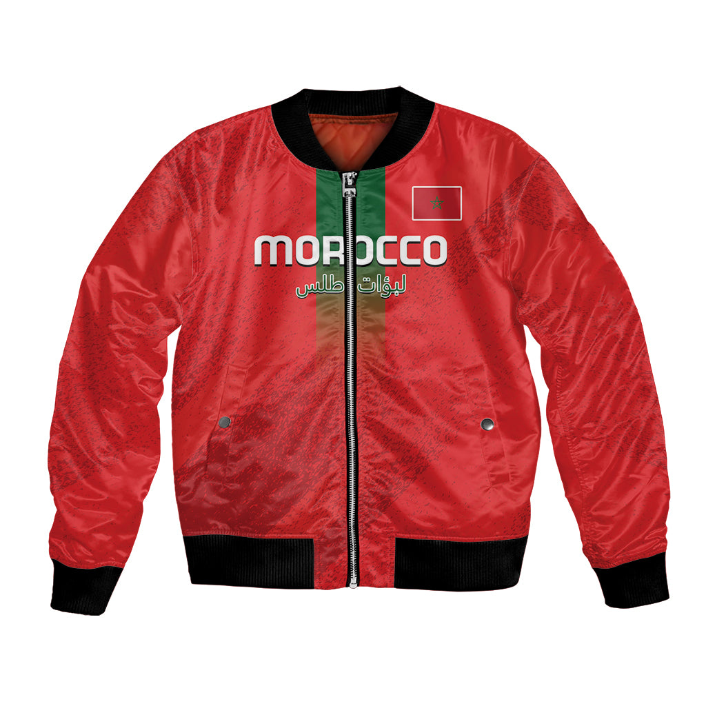 Red unisex bomber jacket with front zipper, black rib trim, MOROCCO logo