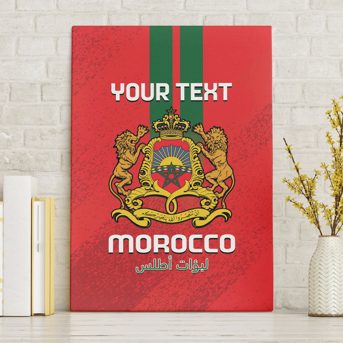 Red framed canvas wall art with Morocco crest and customizable text.