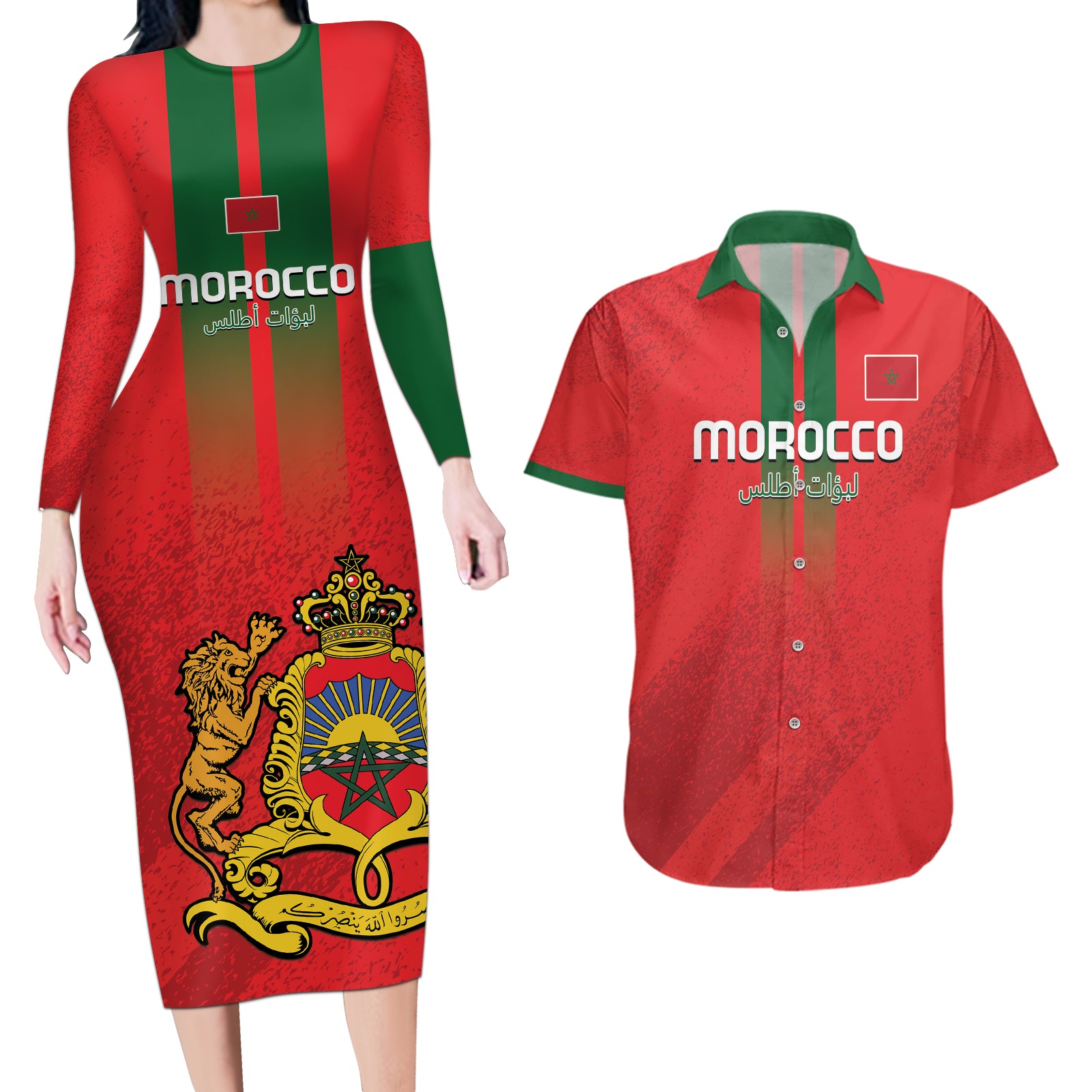 Custom Morocco Football Couples Matching Long Sleeve Bodycon Dress and Hawaiian Shirt Go Lionesses of Atlas