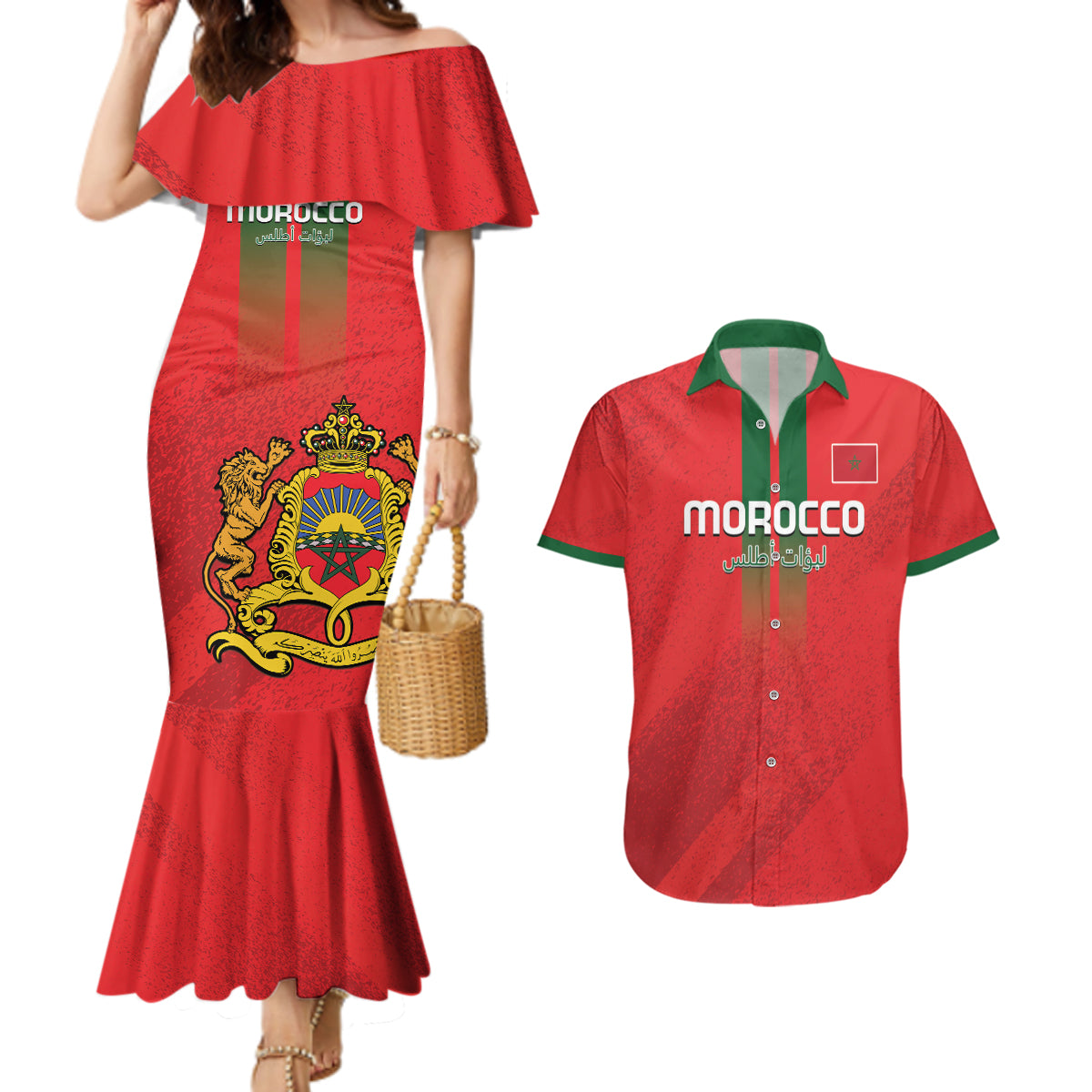 Custom Morocco Football Couples Matching Mermaid Dress and Hawaiian Shirt Go Lionesses of Atlas