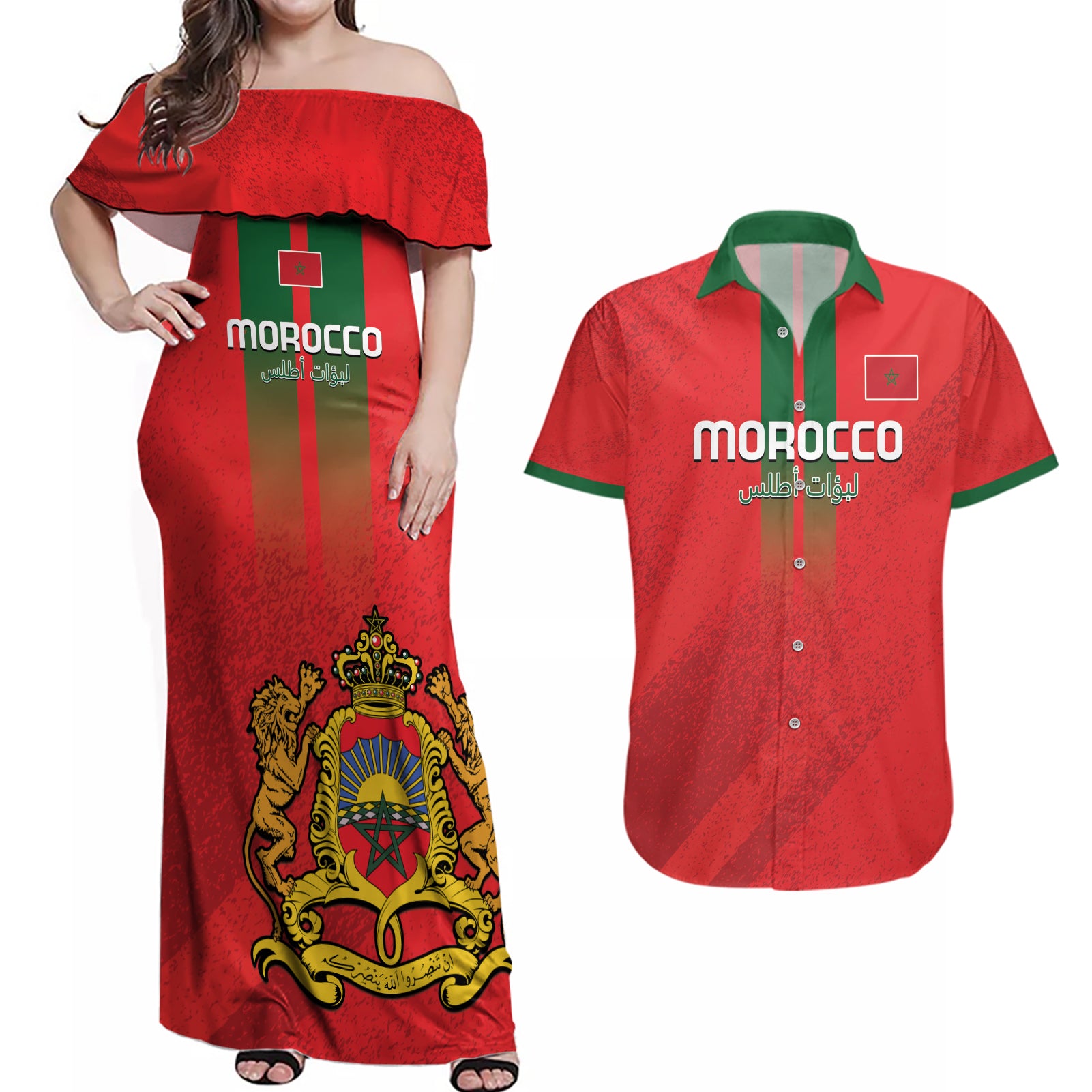 Custom Morocco Football Couples Matching Off Shoulder Maxi Dress and Hawaiian Shirt Go Lionesses of Atlas