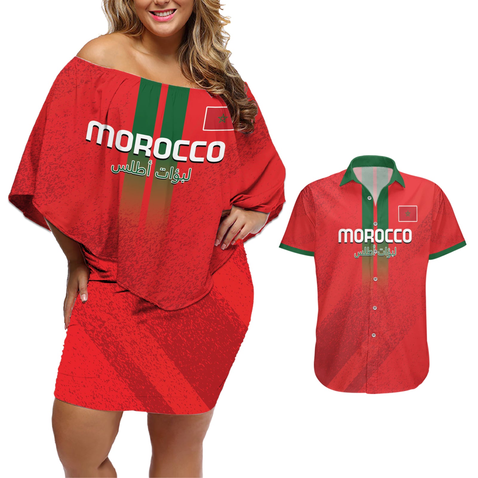 Custom Morocco Football Couples Matching Off Shoulder Short Dress and Hawaiian Shirt Go Lionesses of Atlas