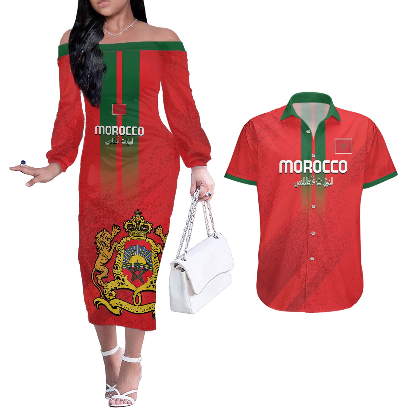 Custom Morocco Football Couples Matching Off The Shoulder Long Sleeve Dress and Hawaiian Shirt Go Lionesses of Atlas