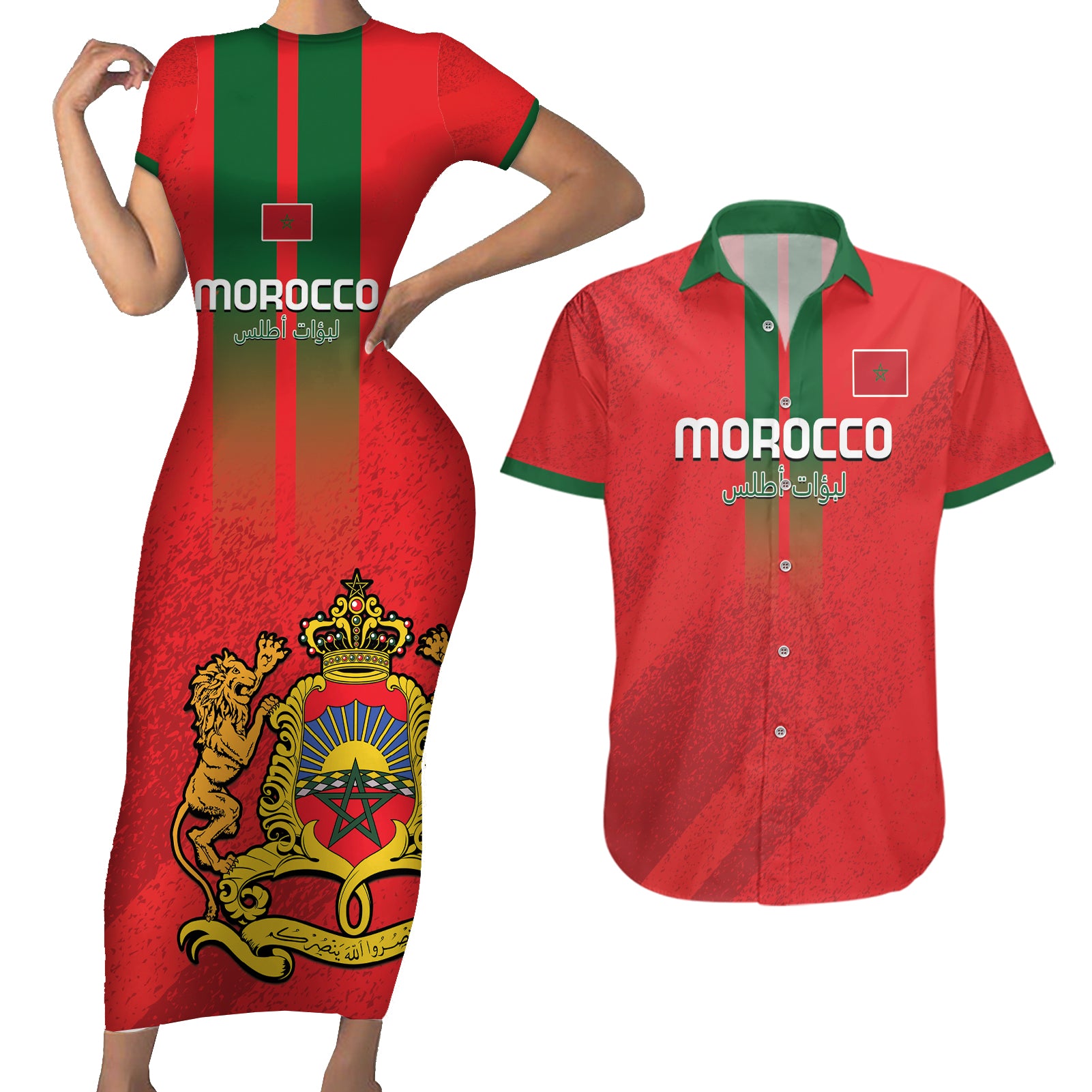 Custom Morocco Football Couples Matching Short Sleeve Bodycon Dress and Hawaiian Shirt Go Lionesses of Atlas