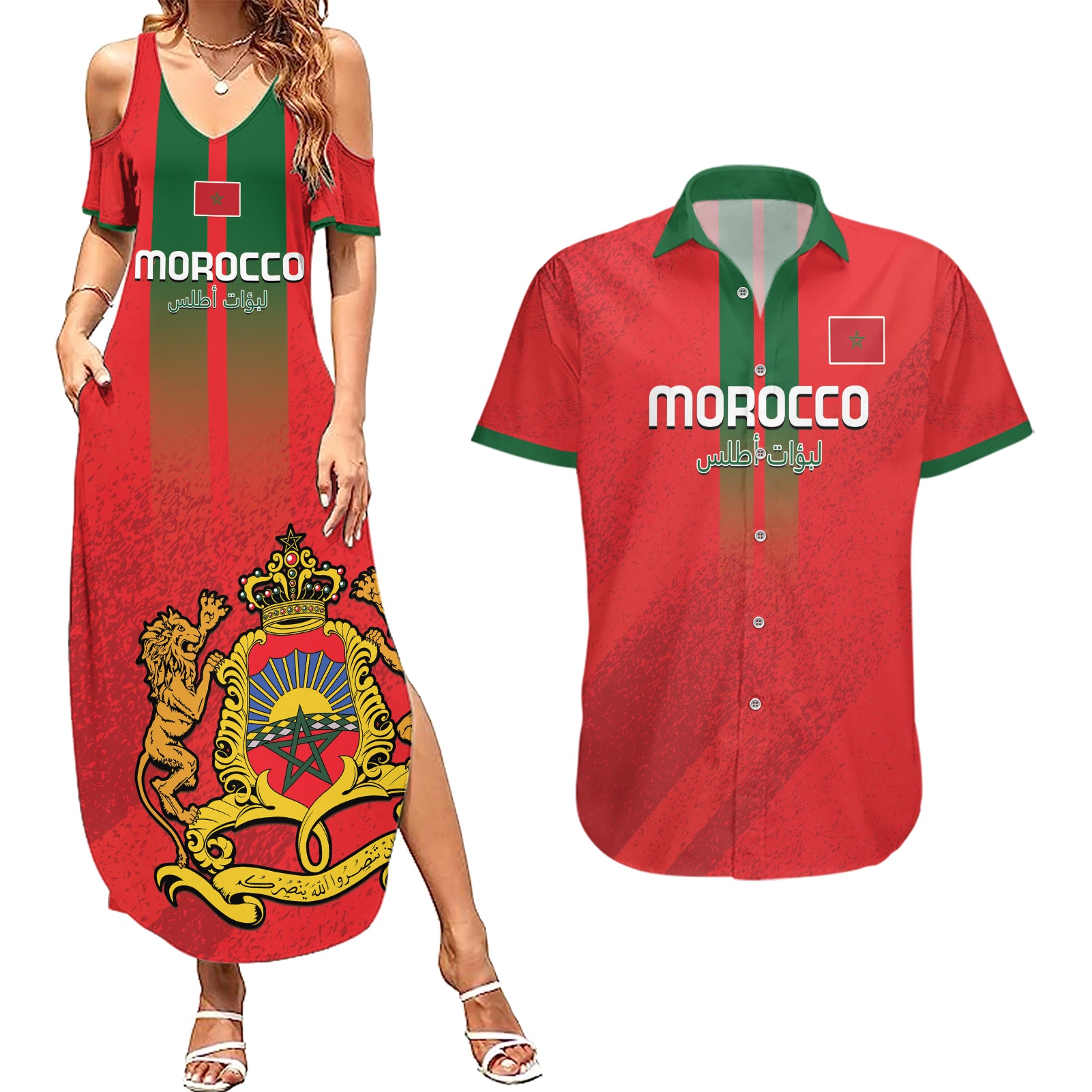 Custom Morocco Football Couples Matching Summer Maxi Dress and Hawaiian Shirt Go Lionesses of Atlas