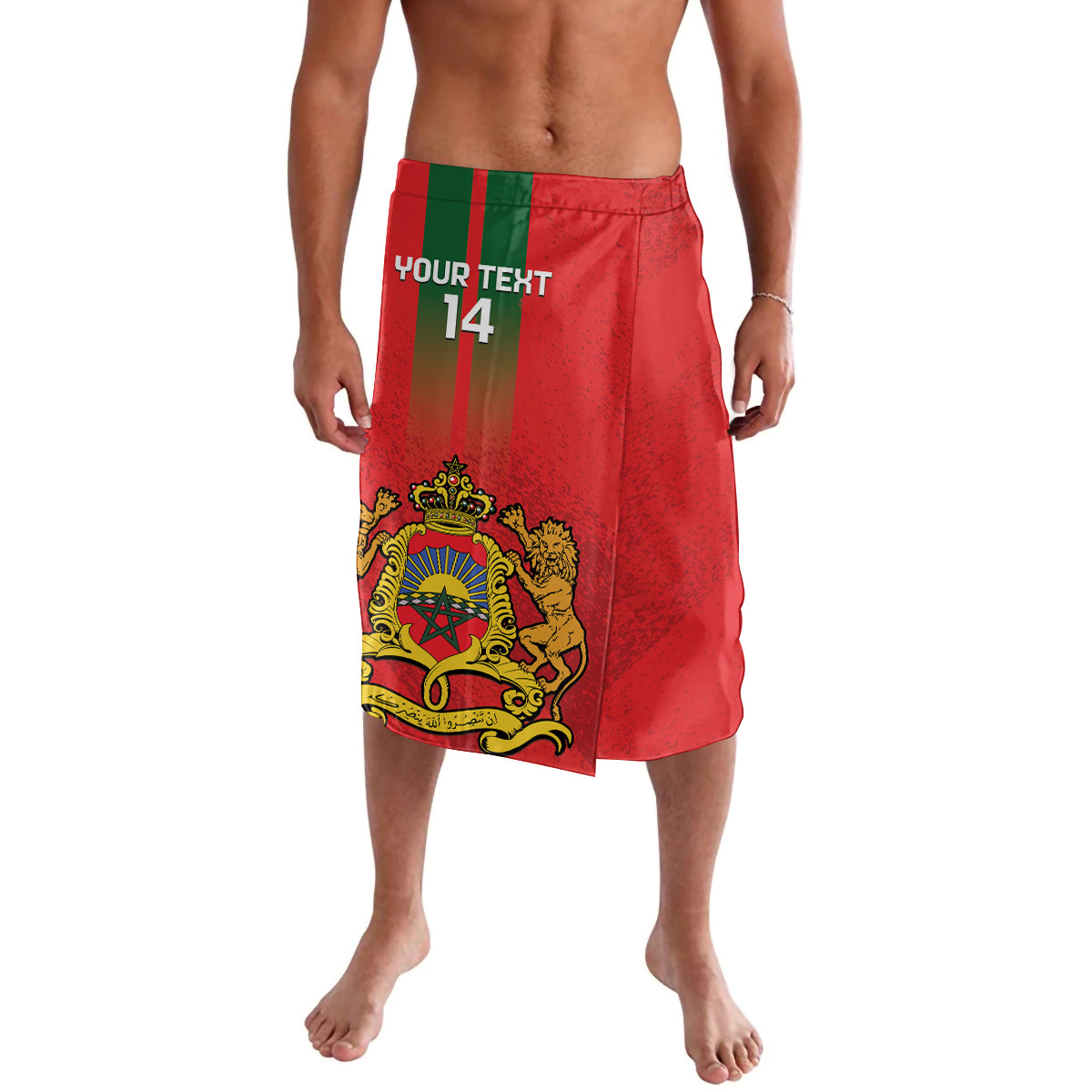 Red graphic soccer lava-lava shorts with green waistband stripe, crest and number 14