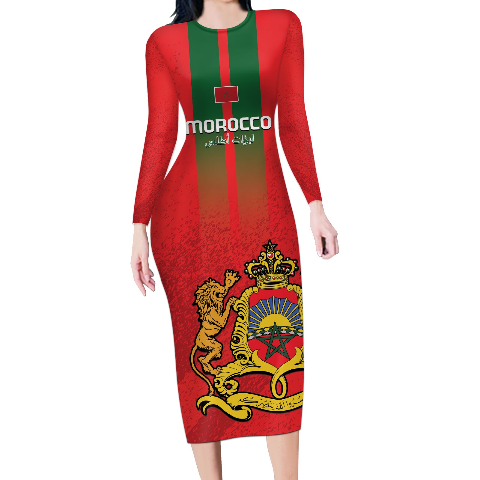 Custom Morocco Football Long Sleeve Bodycon Dress Go Lionesses of Atlas