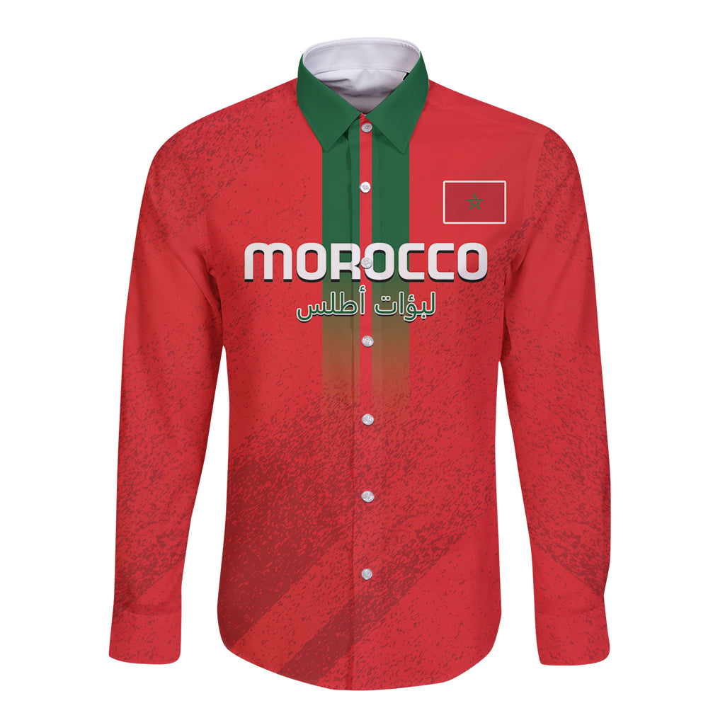 Red long-sleeve button football shirt with green collar and front button placket