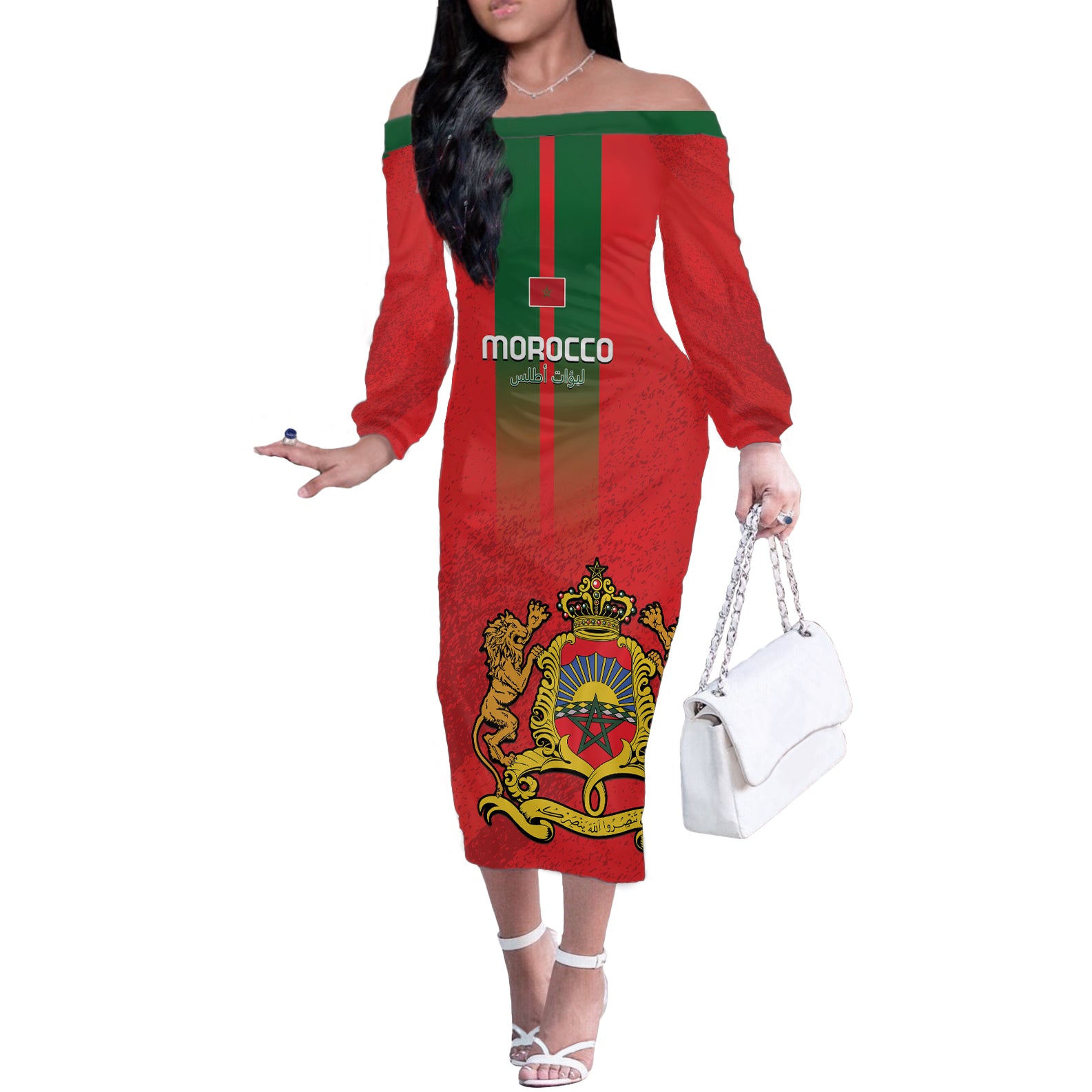 Custom Morocco Football Off The Shoulder Long Sleeve Dress Go Lionesses of Atlas