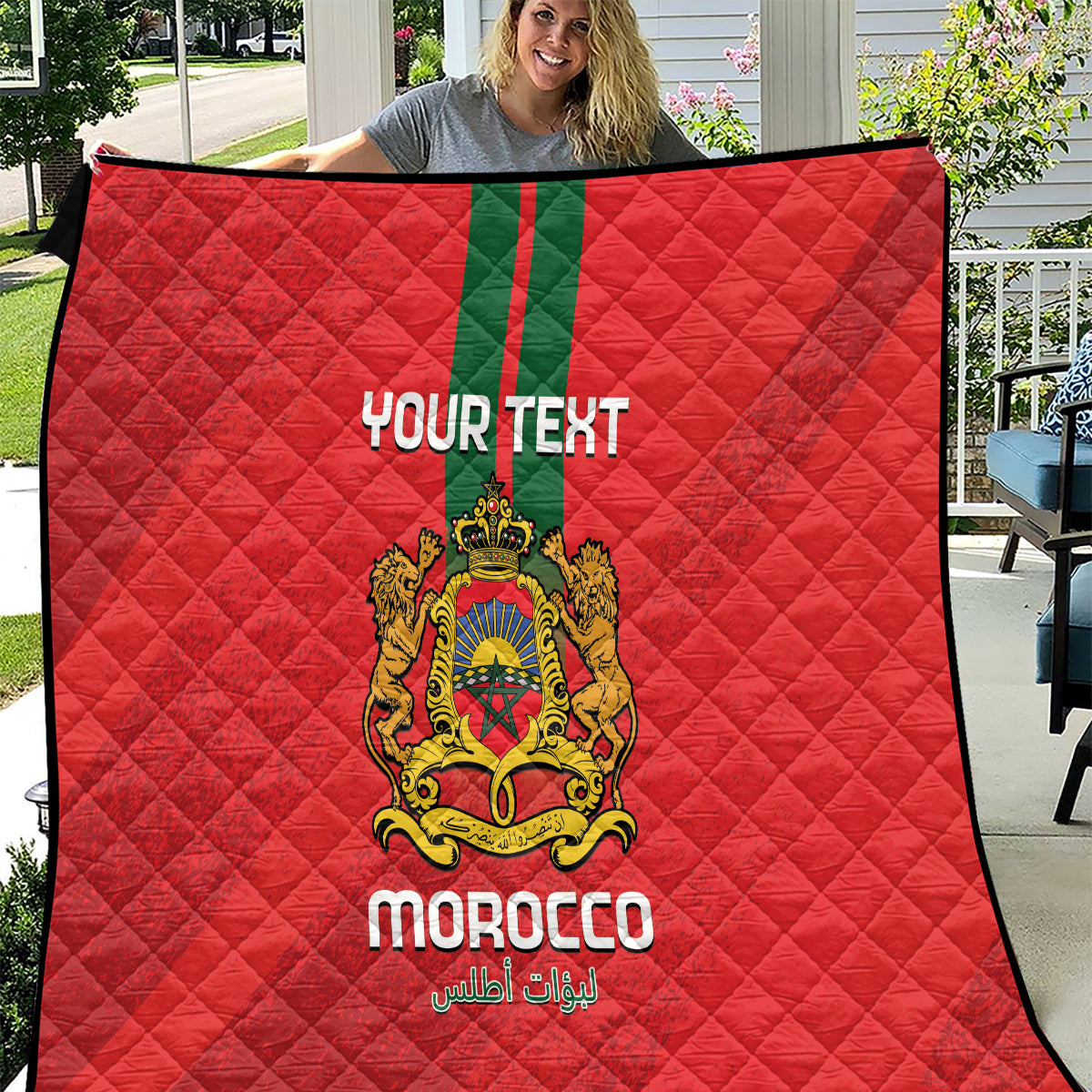 Red Morocco football quilt with crest, green stripe, and 'YOUR TEXT' print