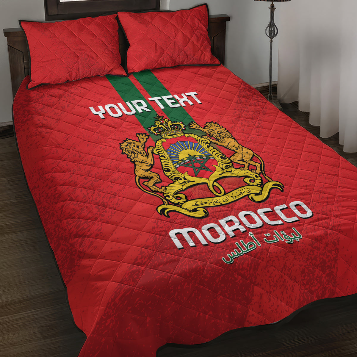 Red quilt bed set with two pillows, quilted pattern, lion crest and Morocco text