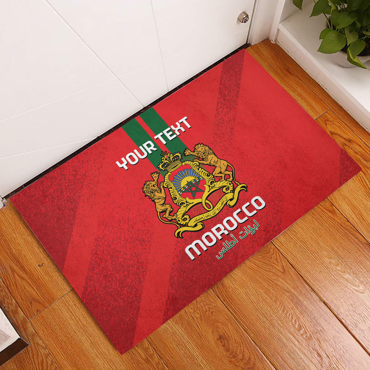 Red rubber doormat with Morocco lion crest and 'YOUR TEXT' design
