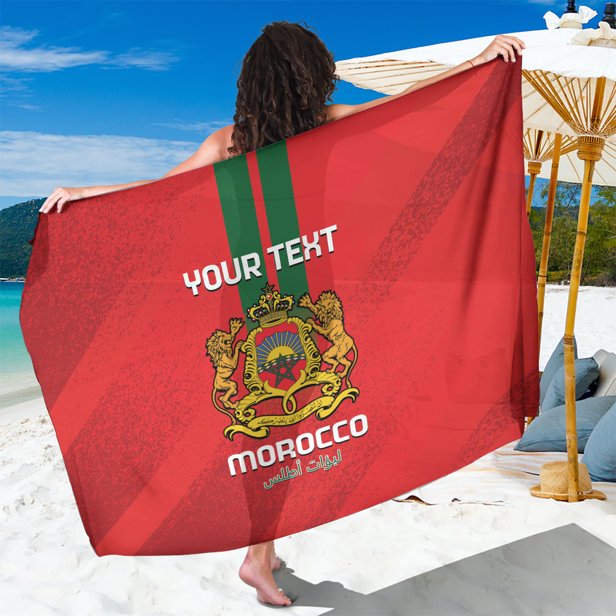 Red Morocco football sarong with lion crest and “YOUR TEXT” print