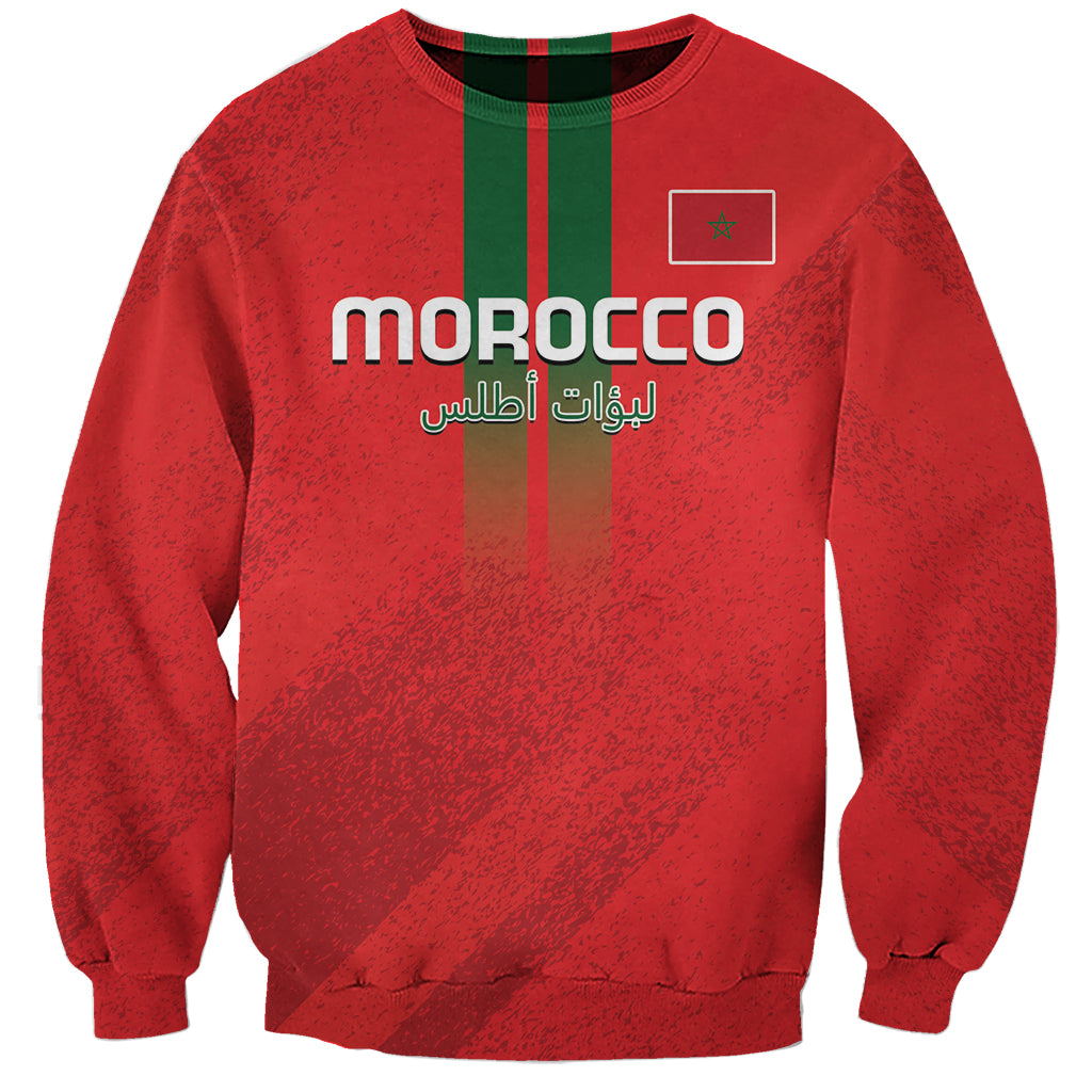 Red crewneck football sweatshirt with Morocco logo text and small flag emblem
