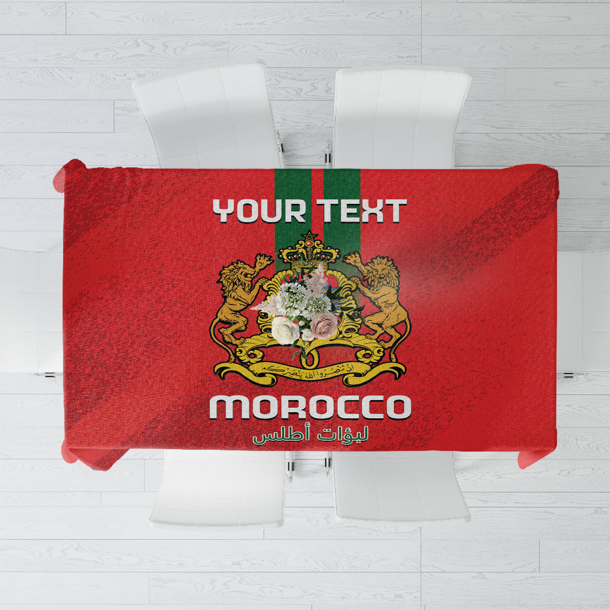 Red Morocco-themed football tablecloth with crest-style emblem and decorative banner