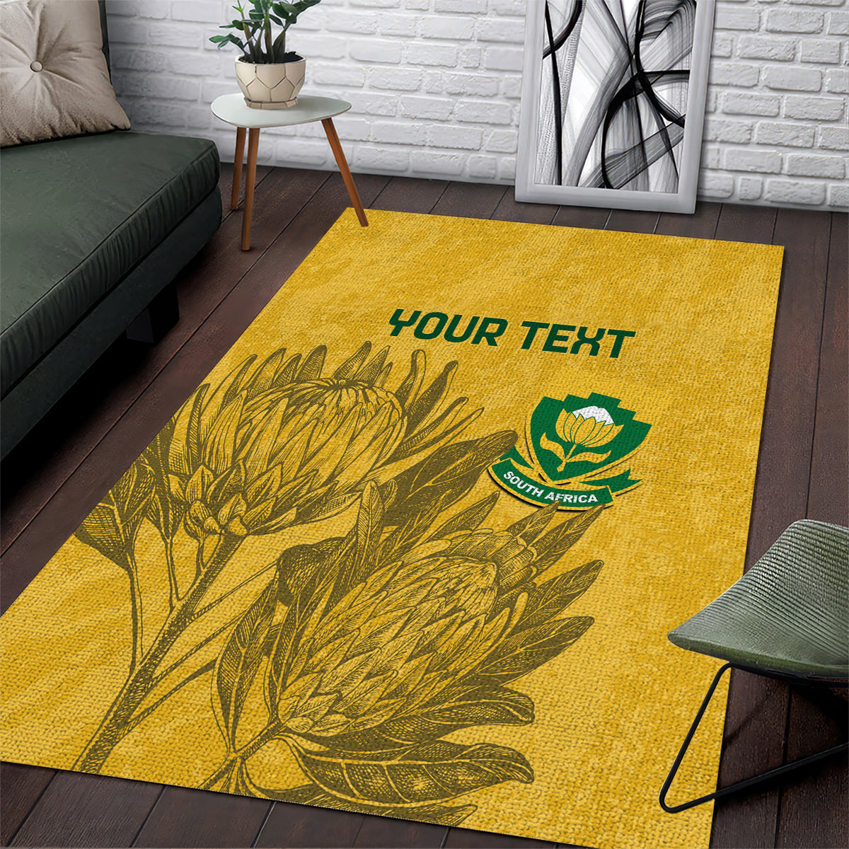 Yellow area rug with “YOUR TEXT” and South Africa crest over gold leafy artwork
