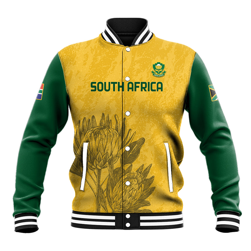 Yellow and green varsity baseball jacket with snap front, striped rib collar, South Africa emblem