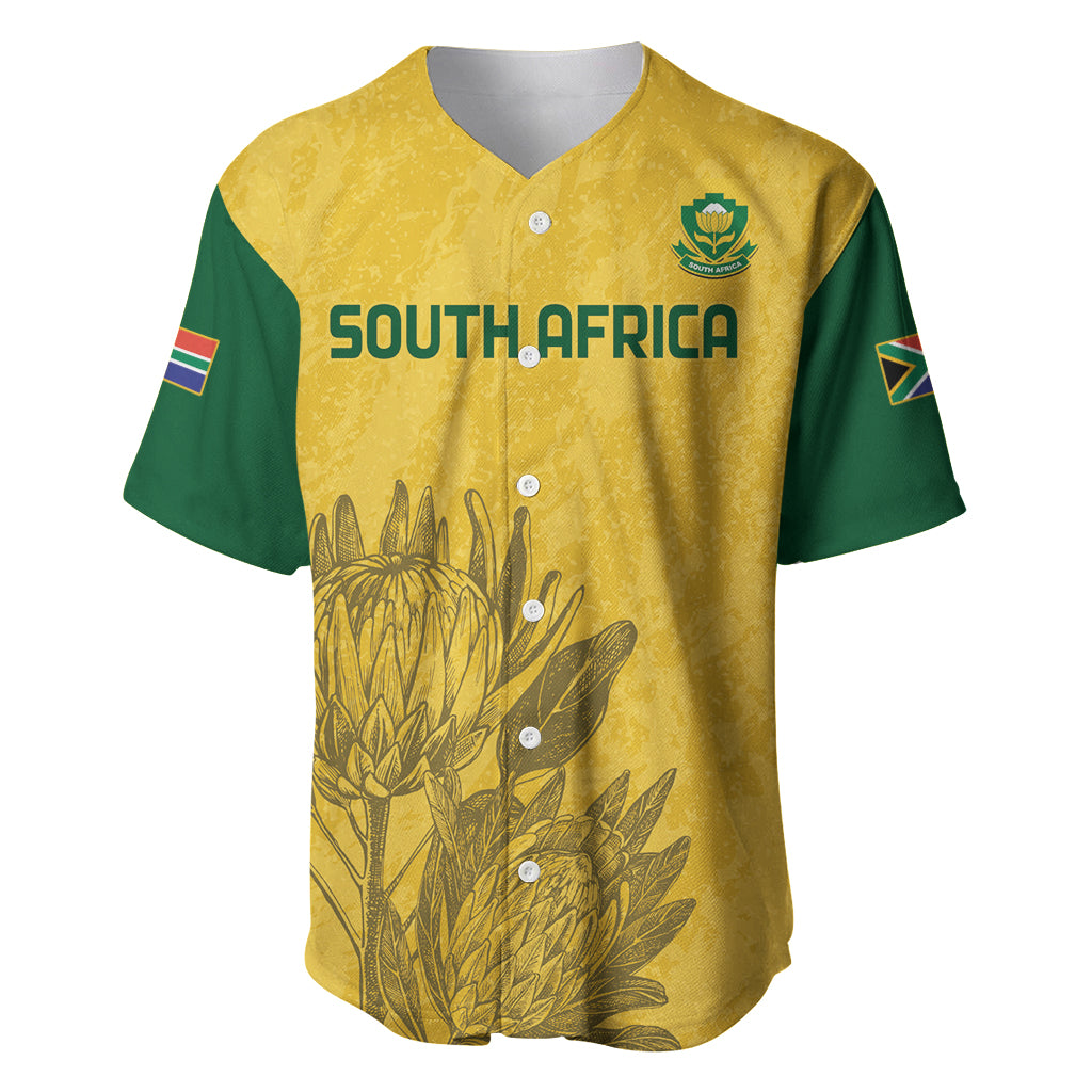 Yellow and green soccer jersey with V-neck buttons, South Africa text, protea print, crest