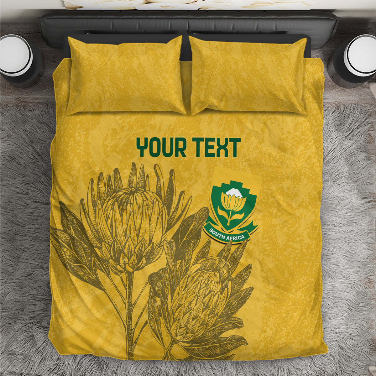 Yellow soccer bedding set with 2 pillowcases, floral emblem and 'YOUR TEXT' duvet