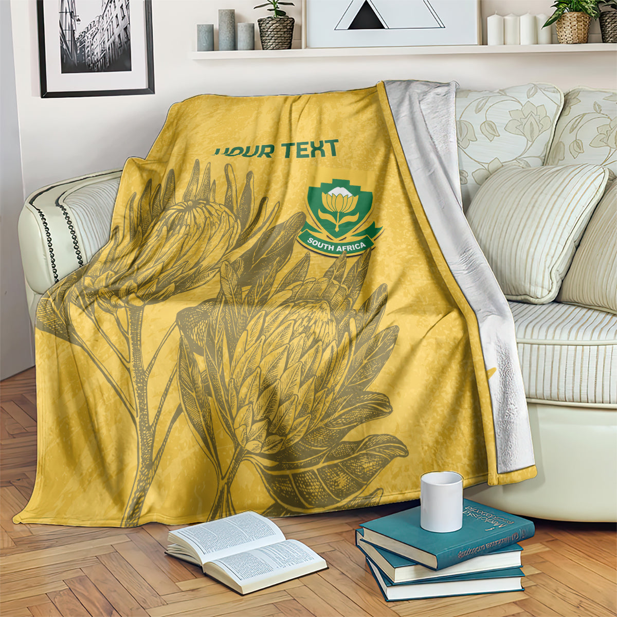 Yellow custom soccer blanket with leafy South Africa logo and "YOUR TEXT" print