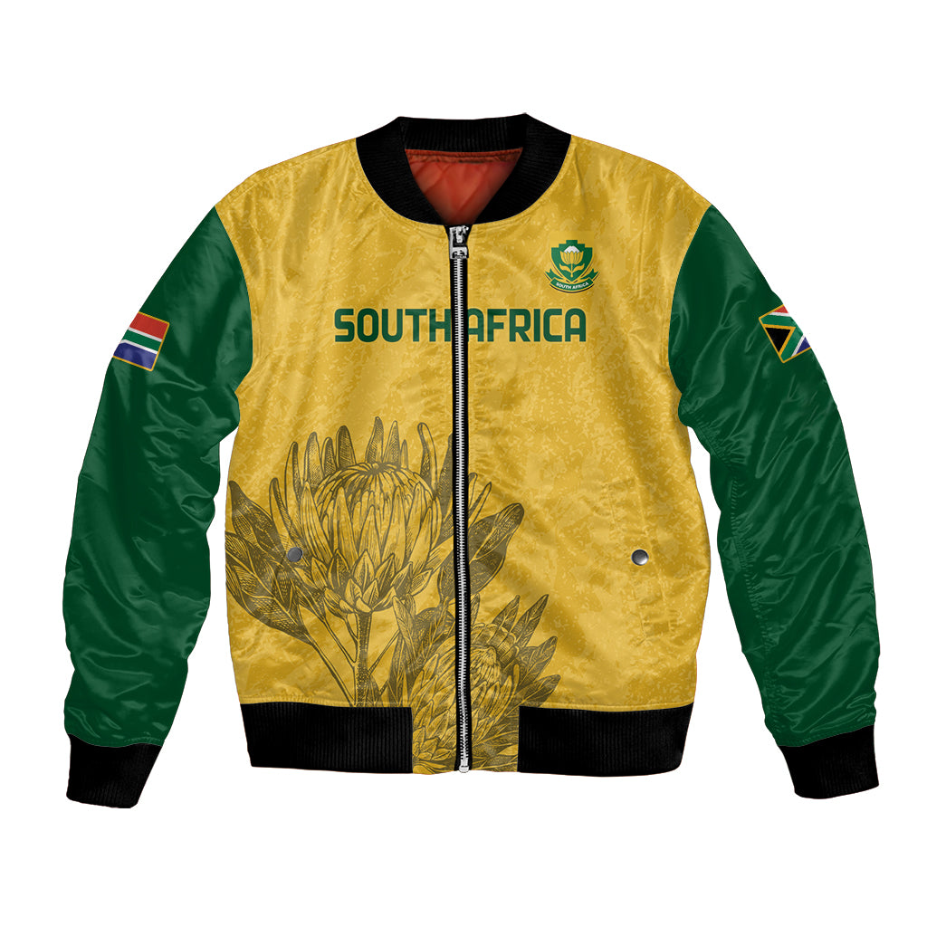 Yellow and green bomber jacket with full-zip front, ribbed cuffs, crest and South Africa print