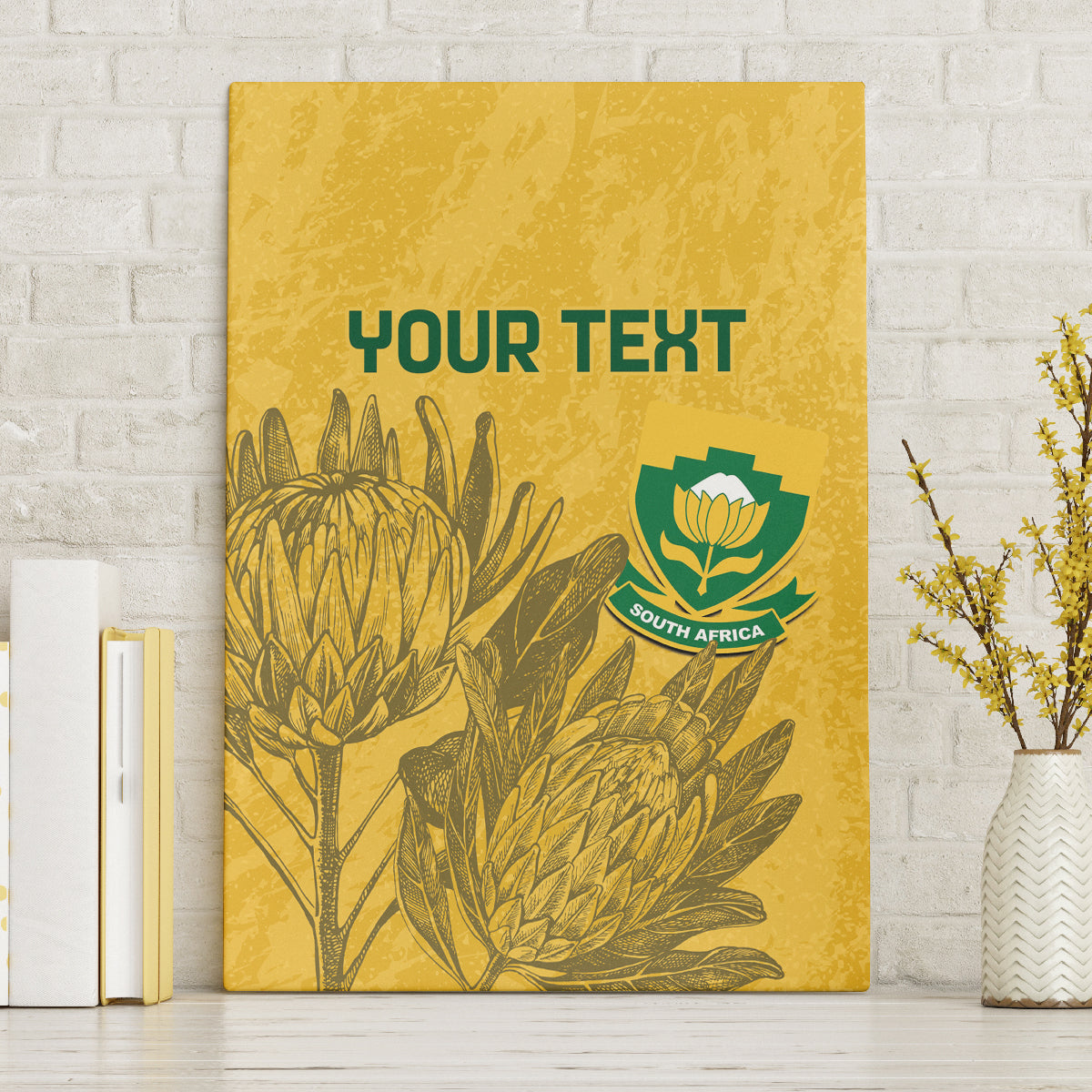 Yellow canvas wall art with green “YOUR TEXT” and South Africa crest, botanical line art
