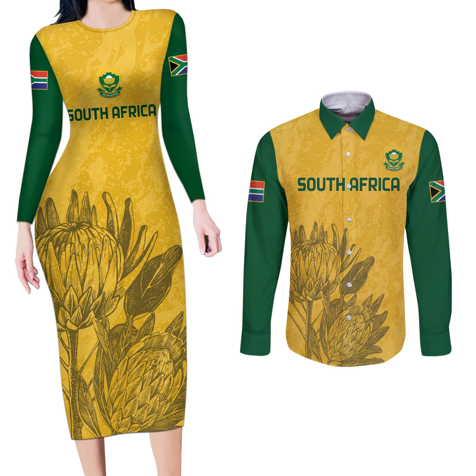 Custom South Africa Soccer Couples Matching Long Sleeve Bodycon Dress and Long Sleeve Button Shirt Go Banyana Banyana Proteas - Wonder Print Shop