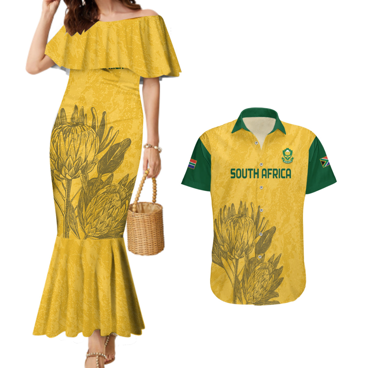 Custom South Africa Soccer Couples Matching Mermaid Dress and Hawaiian Shirt Go Banyana Banyana Proteas - Wonder Print Shop