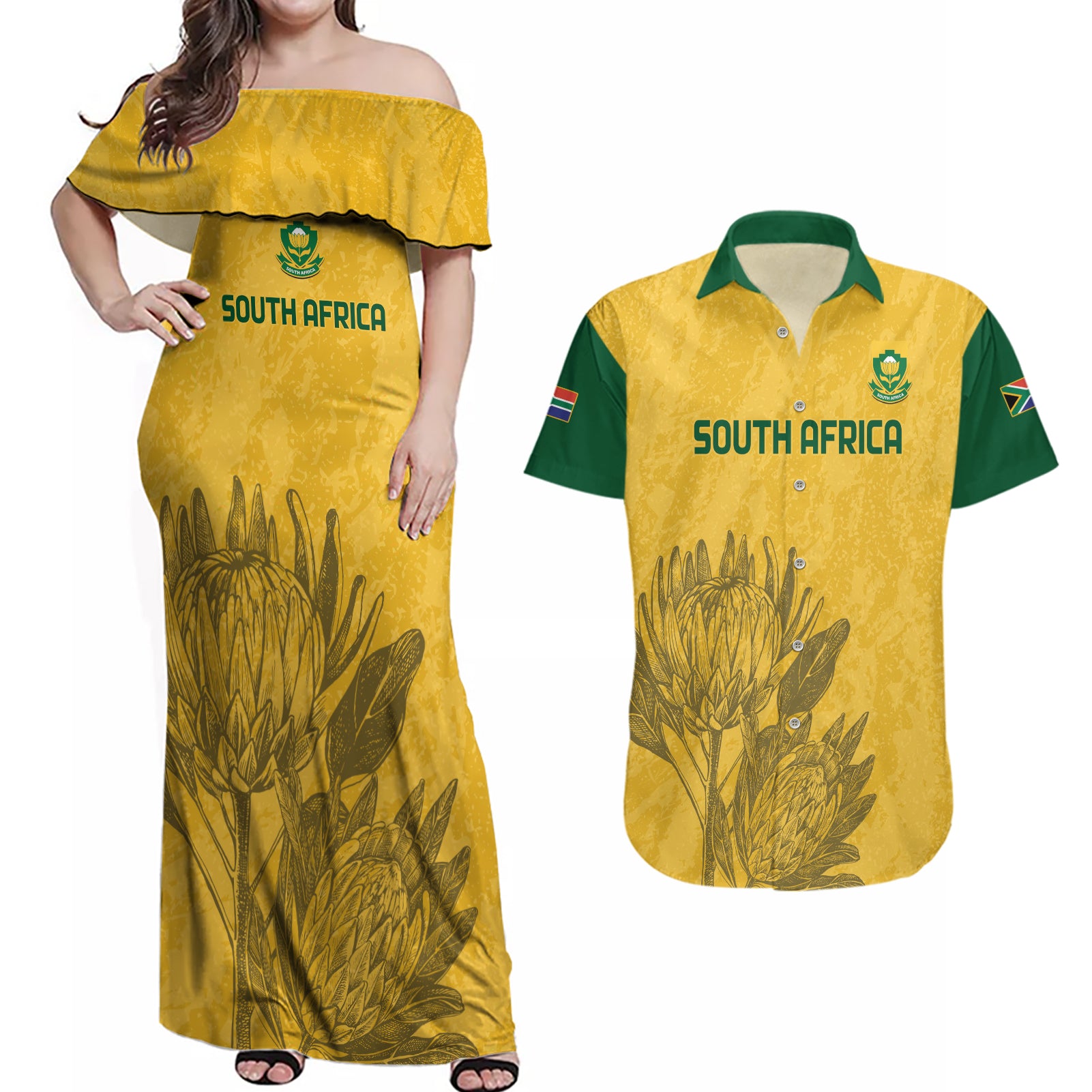 Custom South Africa Soccer Couples Matching Off Shoulder Maxi Dress and Hawaiian Shirt Go Banyana Banyana Proteas - Wonder Print Shop