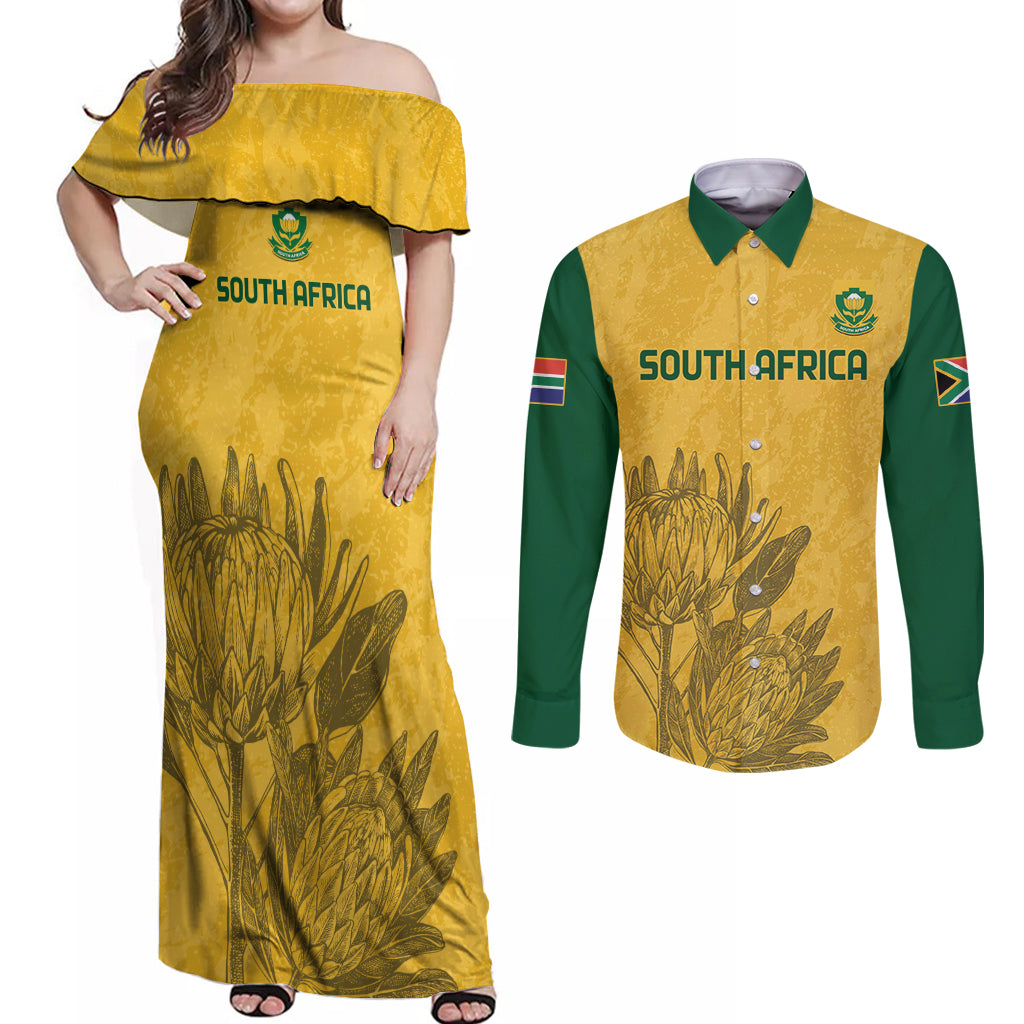 Custom South Africa Soccer Couples Matching Off Shoulder Maxi Dress and Long Sleeve Button Shirt Go Banyana Banyana Proteas - Wonder Print Shop