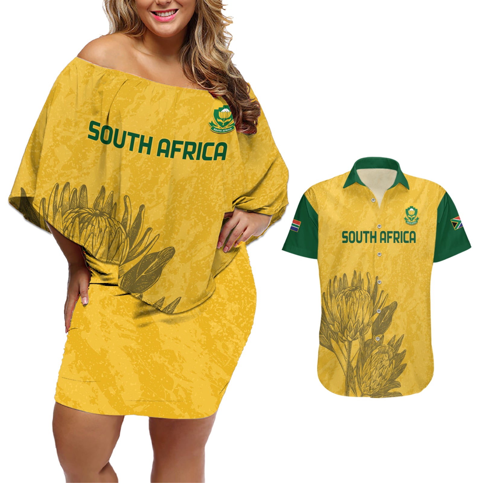 Custom South Africa Soccer Couples Matching Off Shoulder Short Dress and Hawaiian Shirt Go Banyana Banyana Proteas - Wonder Print Shop