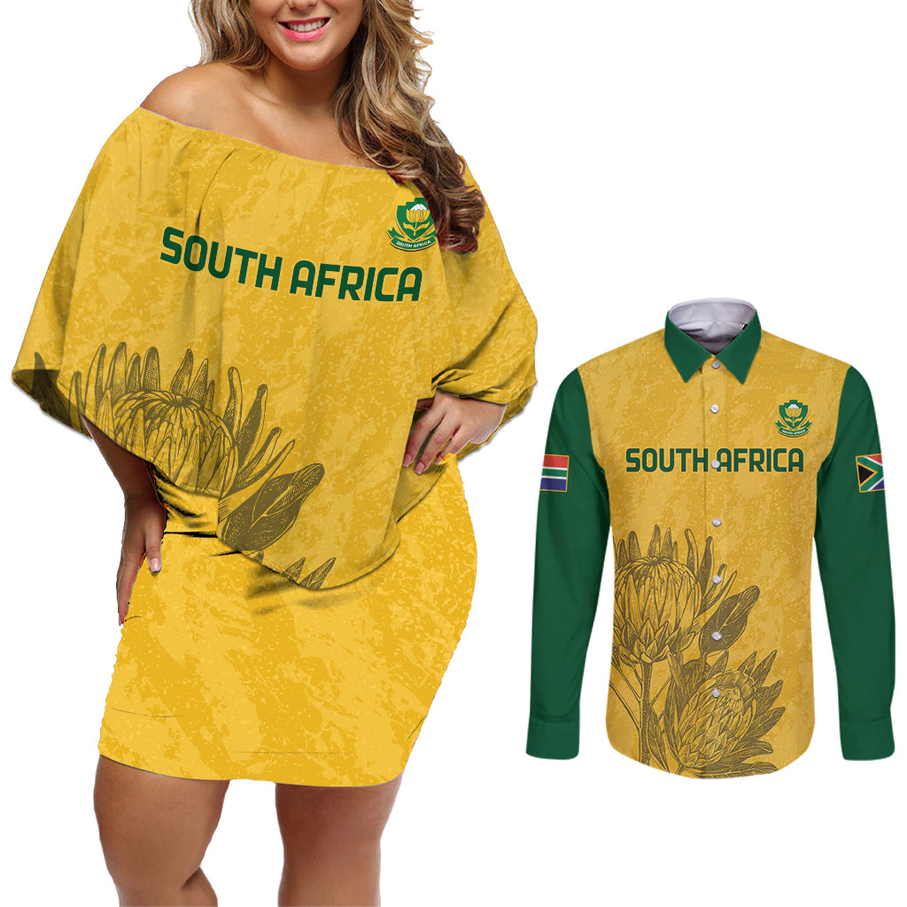 Custom South Africa Soccer Couples Matching Off Shoulder Short Dress and Long Sleeve Button Shirt Go Banyana Banyana Proteas - Wonder Print Shop