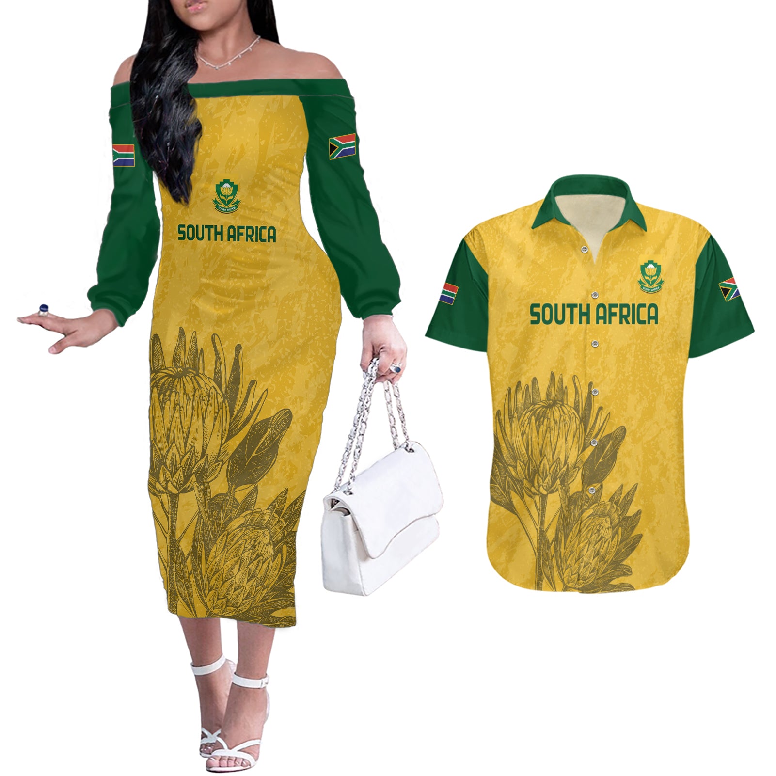 Custom South Africa Soccer Couples Matching Off The Shoulder Long Sleeve Dress and Hawaiian Shirt Go Banyana Banyana Proteas - Wonder Print Shop