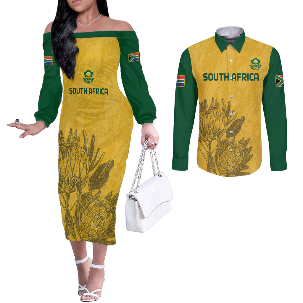 Custom South Africa Soccer Couples Matching Off The Shoulder Long Sleeve Dress and Long Sleeve Button Shirt Go Banyana Banyana Proteas