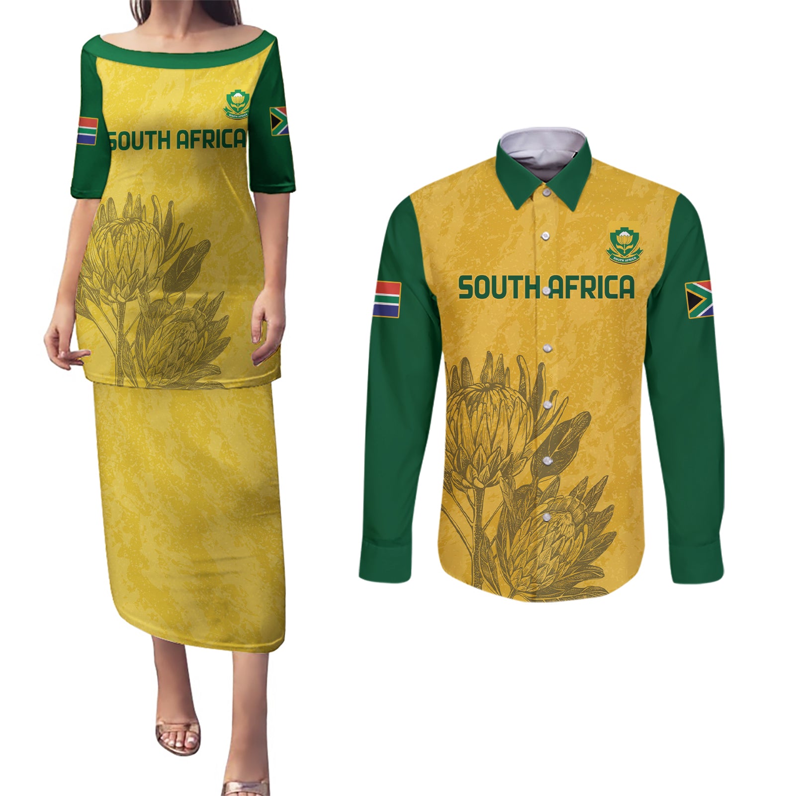 Custom South Africa Soccer Couples Matching Puletasi and Long Sleeve Button Shirt Go Banyana Banyana Proteas - Wonder Print Shop