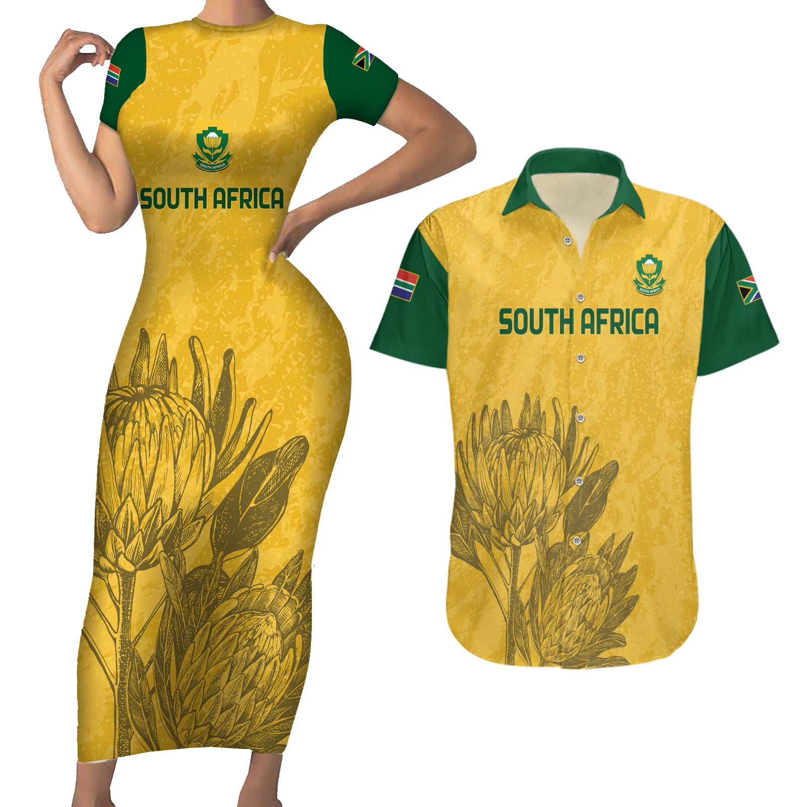 Custom South Africa Soccer Couples Matching Short Sleeve Bodycon Dress and Hawaiian Shirt Go Banyana Banyana Proteas - Wonder Print Shop