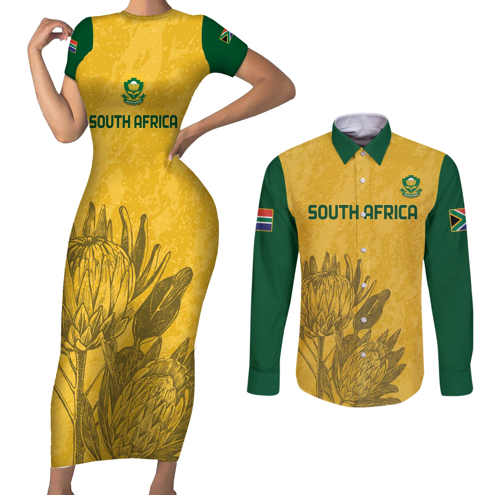 Custom South Africa Soccer Couples Matching Short Sleeve Bodycon Dress and Long Sleeve Button Shirt Go Banyana Banyana Proteas - Wonder Print Shop