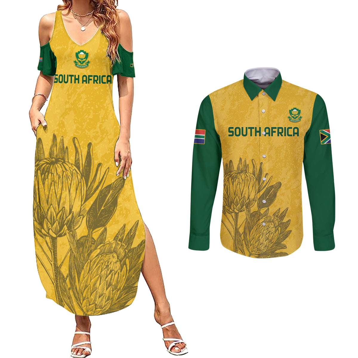 Custom South Africa Soccer Couples Matching Summer Maxi Dress and Long Sleeve Button Shirt Go Banyana Banyana Proteas - Wonder Print Shop