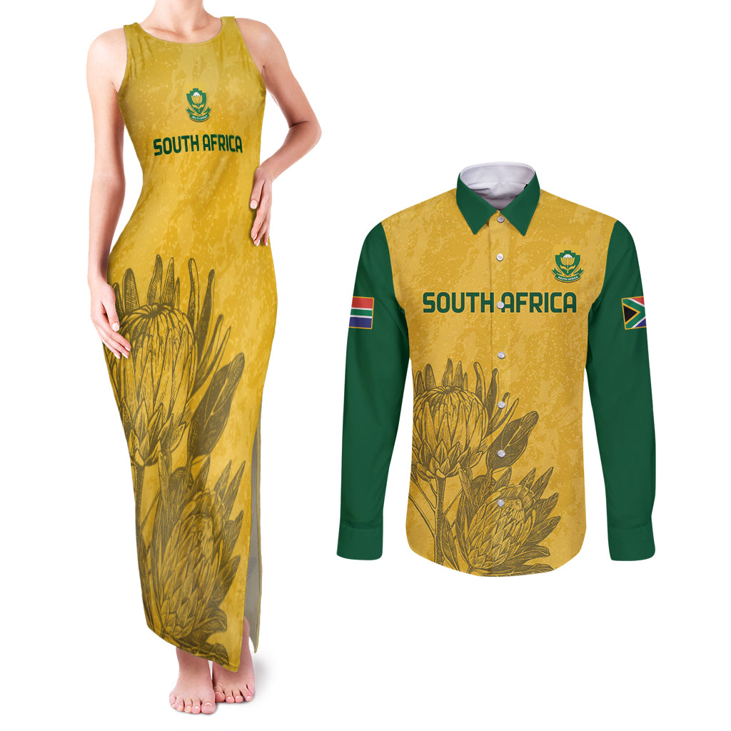 Custom South Africa Soccer Couples Matching Tank Maxi Dress and Long Sleeve Button Shirt Go Banyana Banyana Proteas - Wonder Print Shop