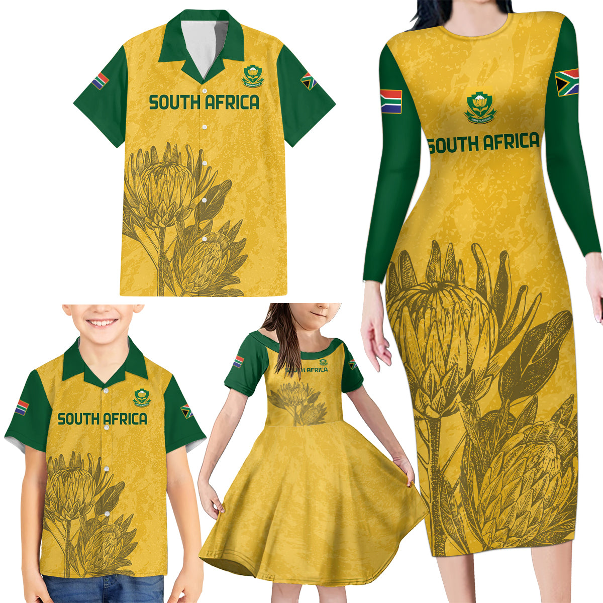 Custom South Africa Soccer Family Matching Long Sleeve Bodycon Dress and Hawaiian Shirt Go Banyana Banyana Proteas - Wonder Print Shop