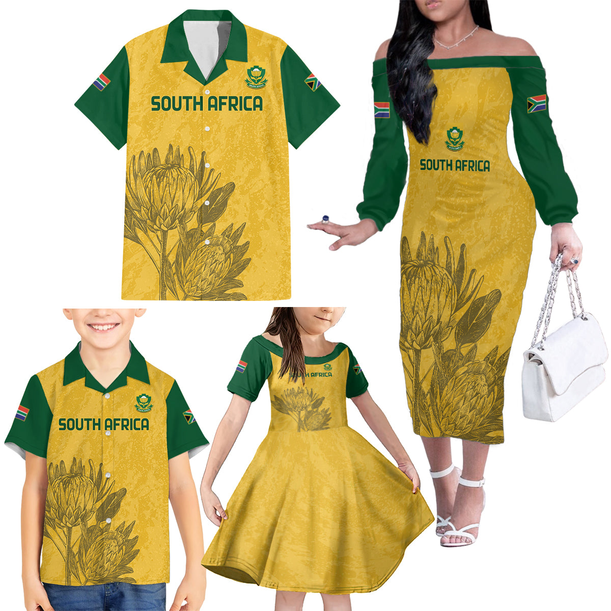 Custom South Africa Soccer Family Matching Off The Shoulder Long Sleeve Dress and Hawaiian Shirt Go Banyana Banyana Proteas - Wonder Print Shop