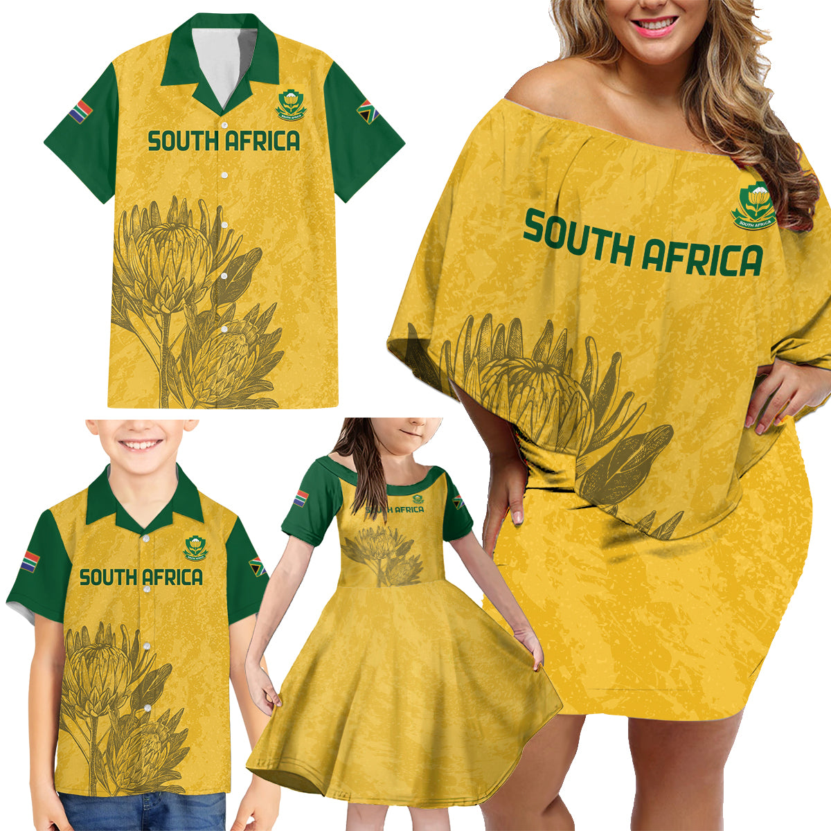 Custom South Africa Soccer Family Matching Off Shoulder Short Dress and Hawaiian Shirt Go Banyana Banyana Proteas - Wonder Print Shop