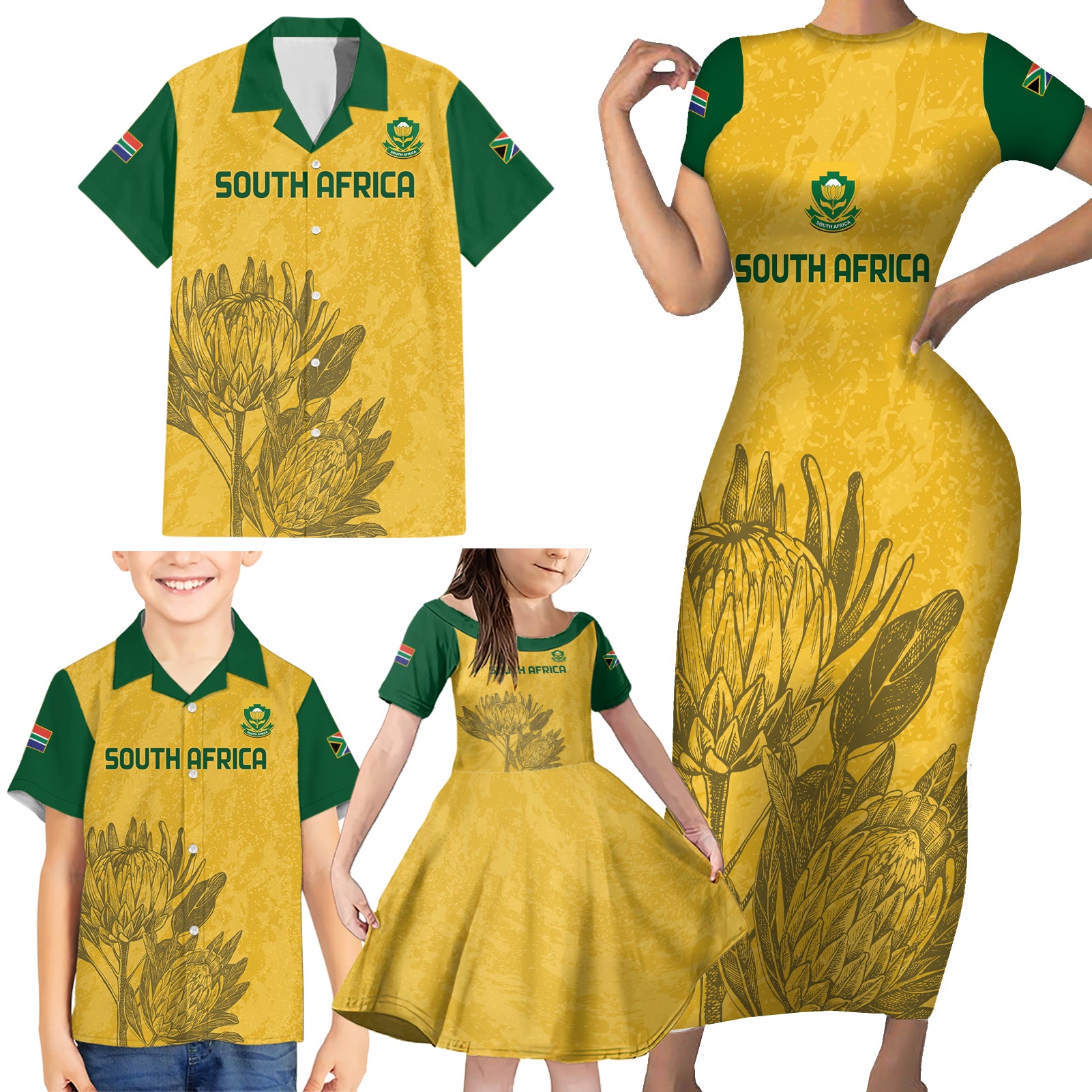 Custom South Africa Soccer Family Matching Short Sleeve Bodycon Dress and Hawaiian Shirt Go Banyana Banyana Proteas - Wonder Print Shop