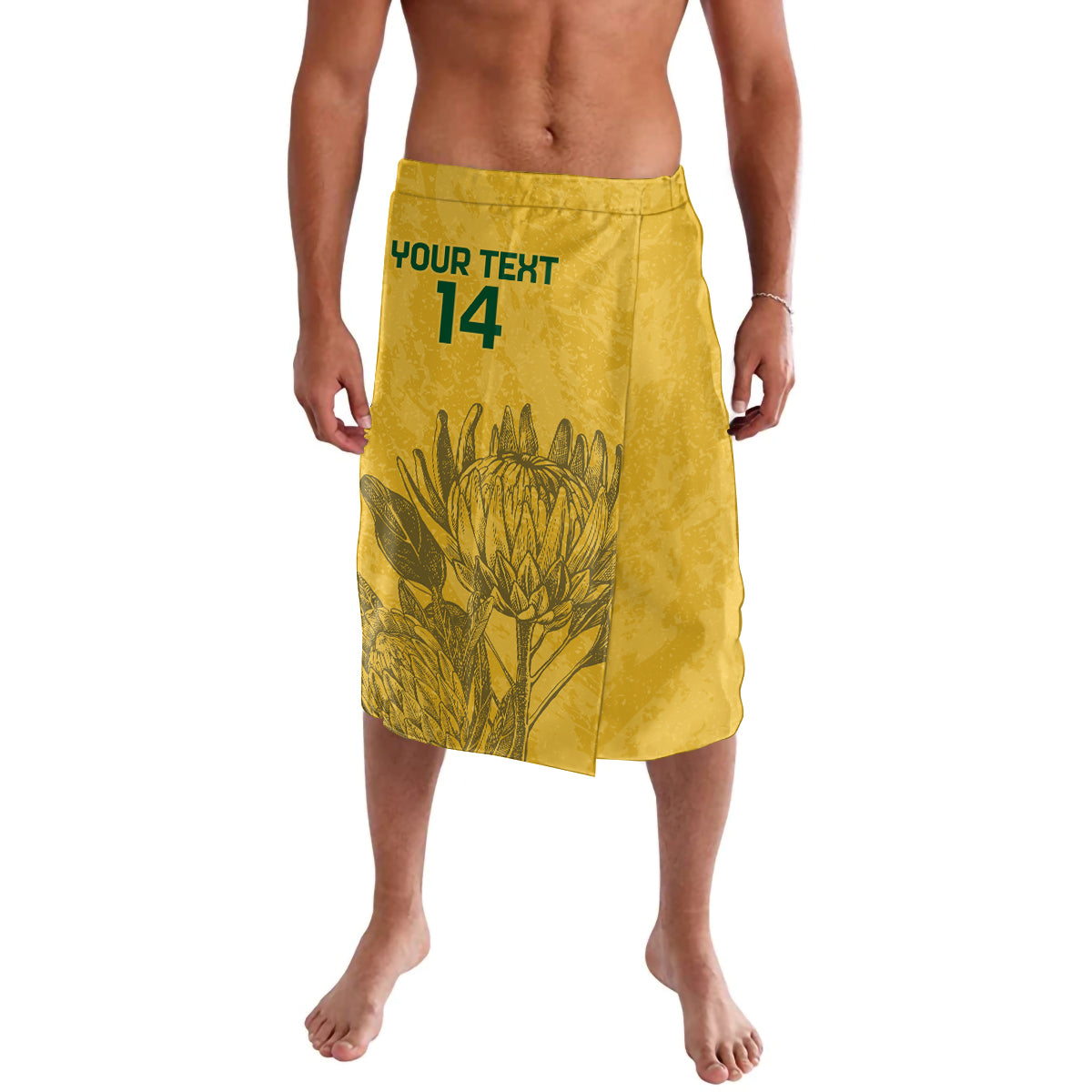 Yellow soccer lavalava skirt with tree graphic, number 14, and custom text waistband