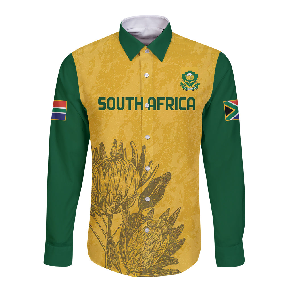 Long-sleeve button soccer shirt, yellow front with green sleeves and collar, South Africa print