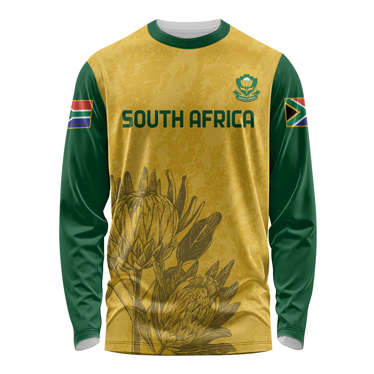 Yellow long-sleeve soccer jersey with green sleeves, South Africa print and crest