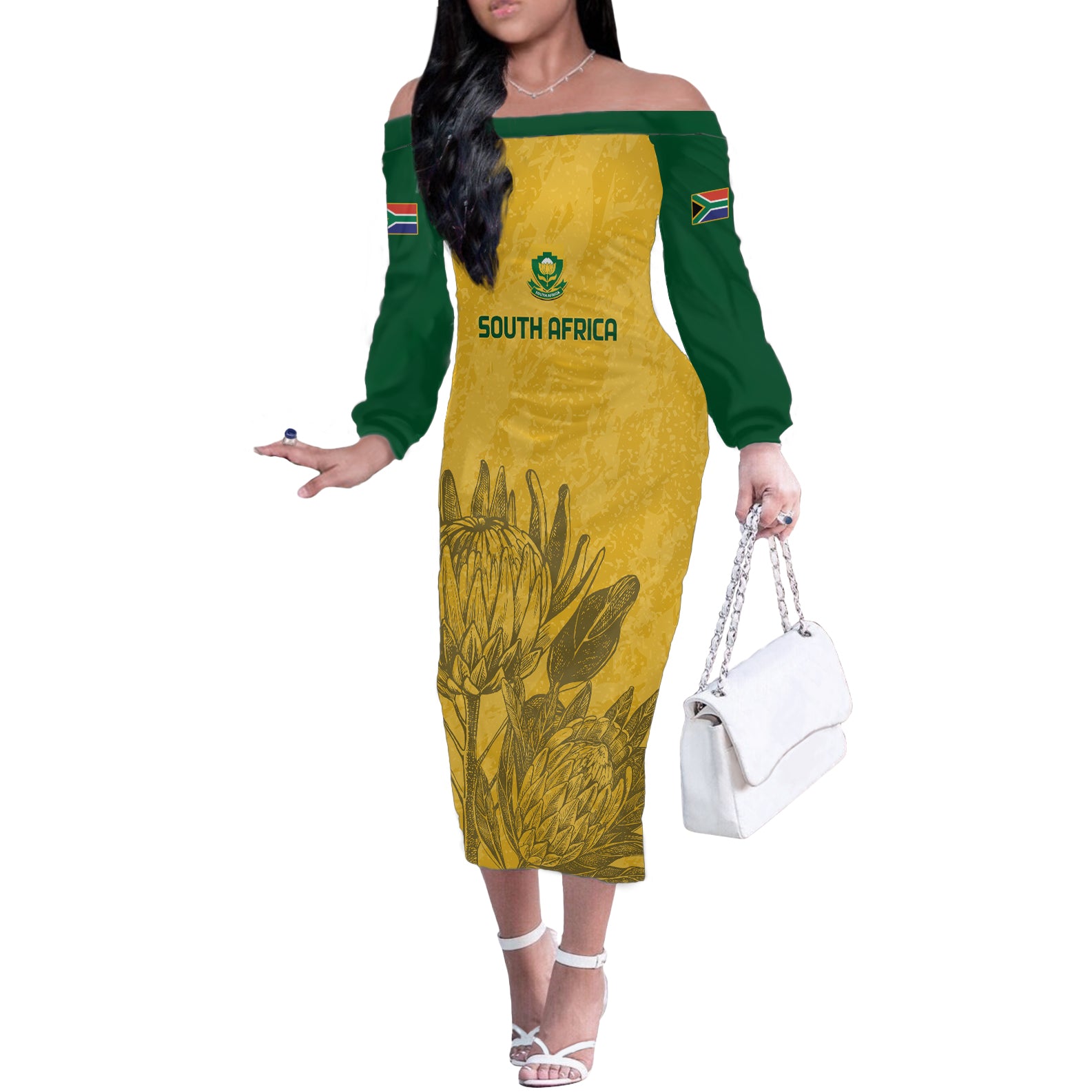 Custom South Africa Soccer Off The Shoulder Long Sleeve Dress Go Banyana Banyana Proteas - Wonder Print Shop