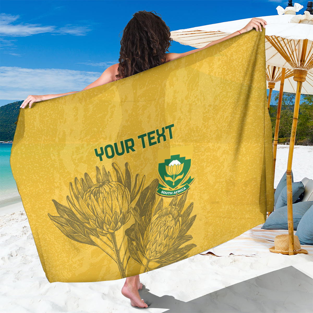 Yellow custom soccer sarong with 'YOUR TEXT' and South Africa crest, wheat print