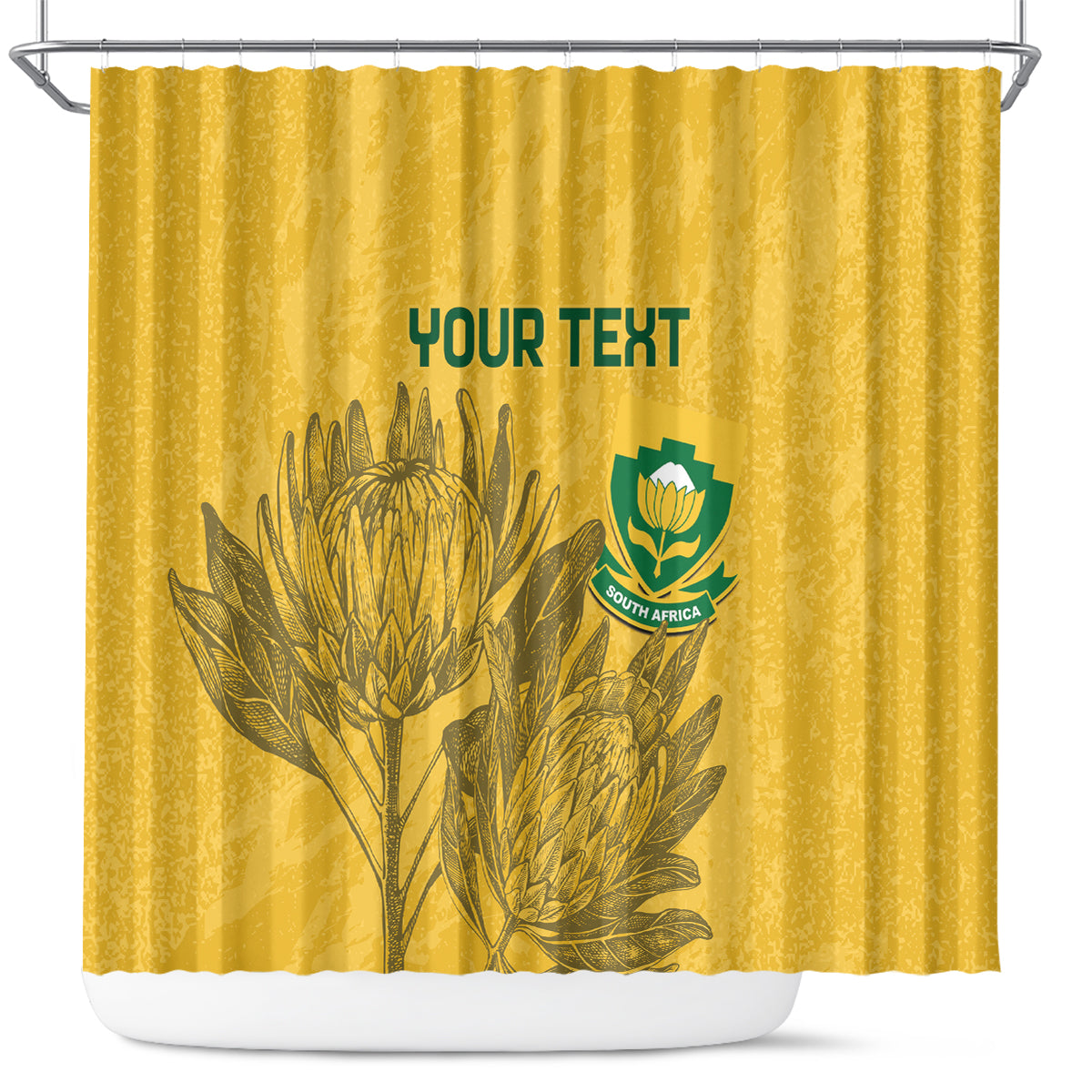 Yellow shower curtain with gold protea art, crest, and YOUR TEXT wording.